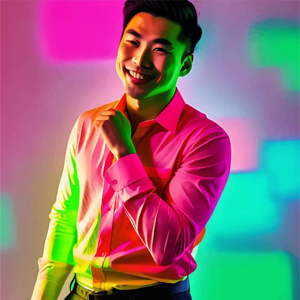 白いシャツを着てカメラを向けながら微笑むハンサムなアジア人男性のイラストです — ストックベクタ
