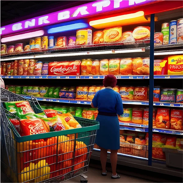 Denna Illustration Skildrar Realistisk Livsmedelsbutik Med Dam Blå Klänning Söker Stockvektor