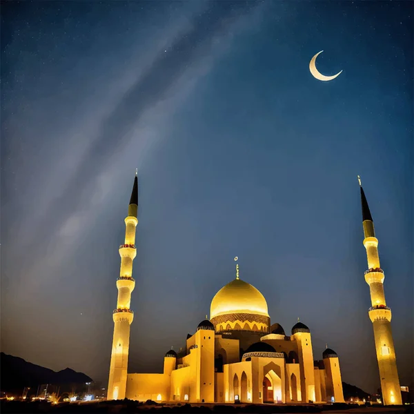 この素晴らしいデジタルアートワークは 天の川銀河と満月でいっぱいの穏やかな夜空に向かって美しくデザインされたモスクを備えています イスラム建築 天文学 デジタルアートの融合 — ストックベクタ