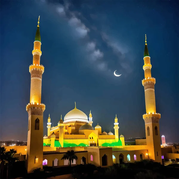 Tato Digitální Ilustrace Znázorňuje Majestátní Mešitu Postavenou Proti Ohromující Půlnoční — Stockový vektor