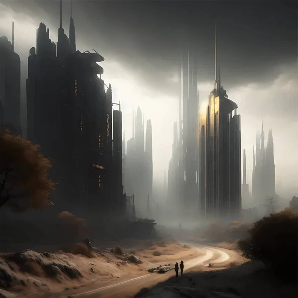 Realistische Ray Tracing Dystopian Future Illustration Mit Futuristischem Stadtbild Und — Stockvektor