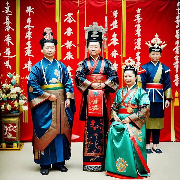 このデジタルアートワークは 中国の貴族を描いた家族の肖像画のリアルな3Dイラストです 衣装やジュエリー 顔の特徴など 細部まで再現されたリアルな描写は 豊かさを垣間見ることができます — ストックベクタ