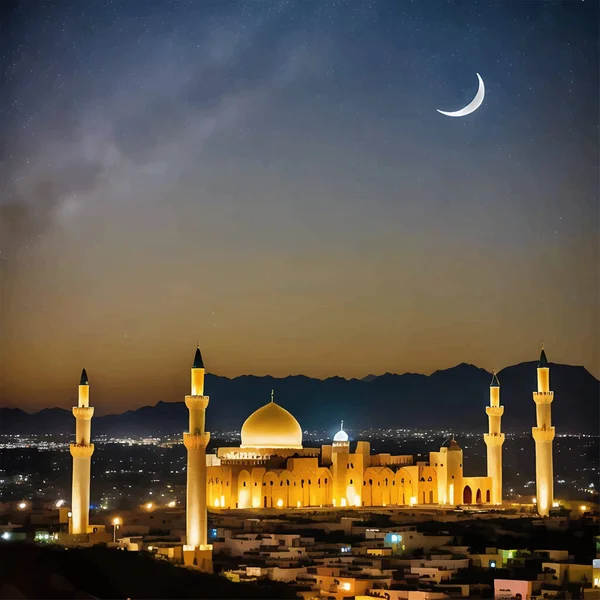 这个数字艺术品是一座宏伟的清真寺的真实写照 背景是一个宁静的午夜天空 还有新月和银河星系 这张逼真的画像展示了清真寺建筑的复杂细节 — 图库矢量图片