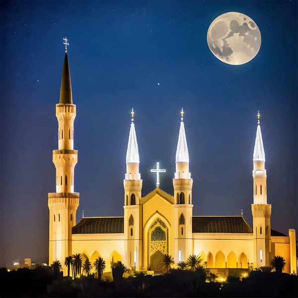このデジタルアートワークは 背景に満月の夜にカトリック教会の超現実的なイラストです 本物のレンダリングは 教会の建築の複雑な詳細を示しています — ストックベクタ