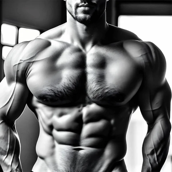 Black White Realistic Illustration Muscular Man Body Sixpack Abs — 스톡 벡터