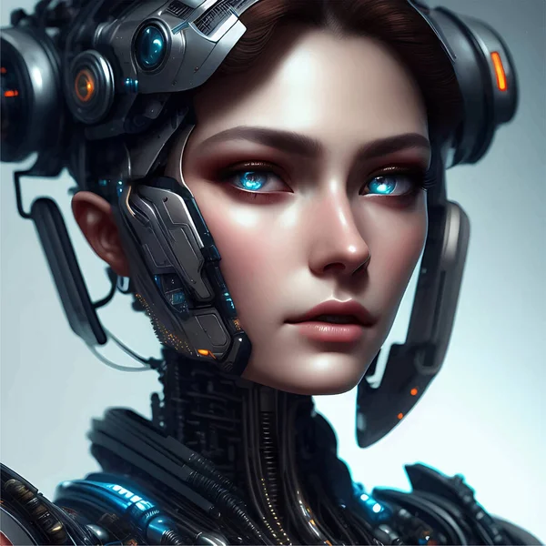 Super Realistiskt Porträtt Mekanisk Robot Med Ocean Blue Eyes Illustration Stockvektor