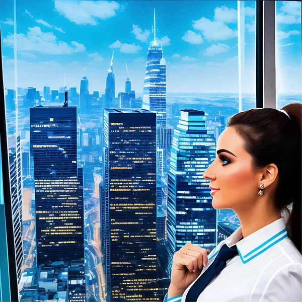 Mulher Negócios Olhando Para Cidade Skyline View Fotorealista Surreal Ray —  Vetores de Stock