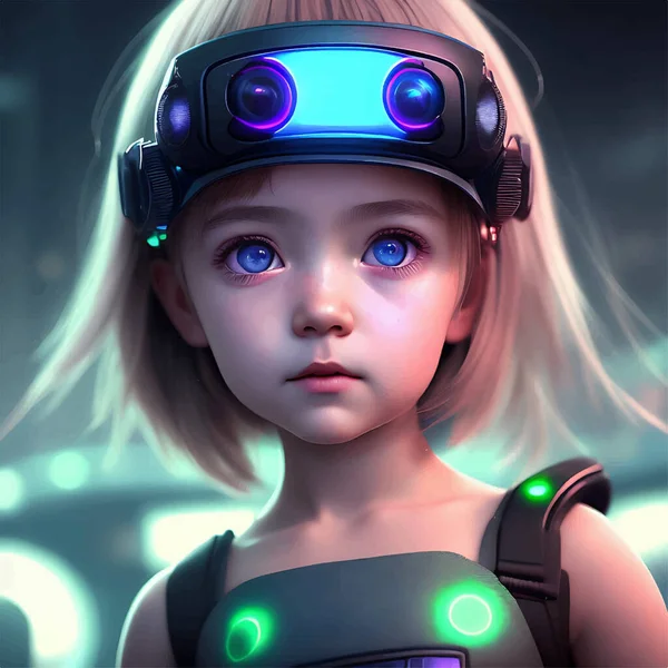 Super Surreal Ray Tracing Photoreal Modern Girl Headwear Gadgets — 스톡 벡터