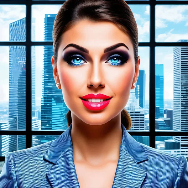 Full Makeup Businesswoman Suit Smiling Looking Camera City Skyline View — стоковий вектор