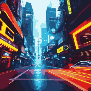 Uzak Gelecek Photorealistik 3D Gerçeküstü Yeni Işıklı Kasaba İllüstrasyonu