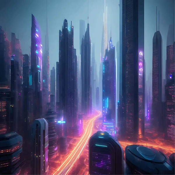Photorealistic Εικονογράφηση Της Μακρινής Μελλοντικής Πόλης Νέον Φως — Διανυσματικό Αρχείο