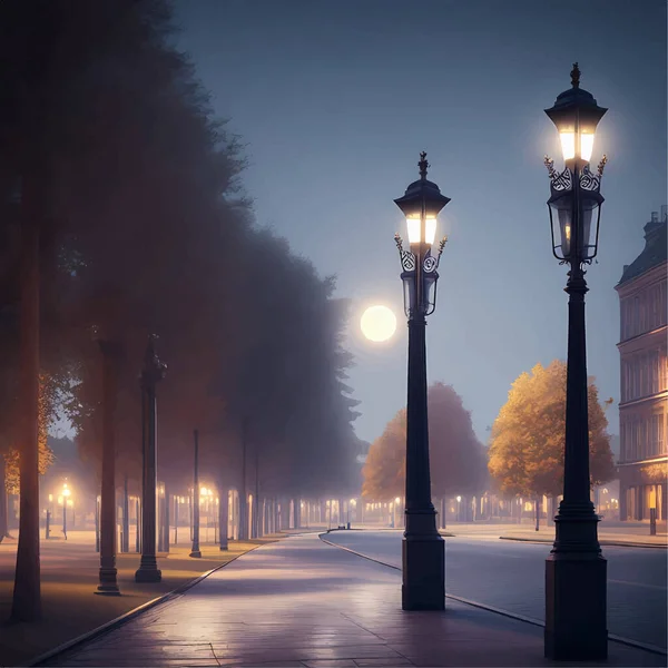 Photorealistic Lampposts Night Park Full Moon Illustration — Stock Vector