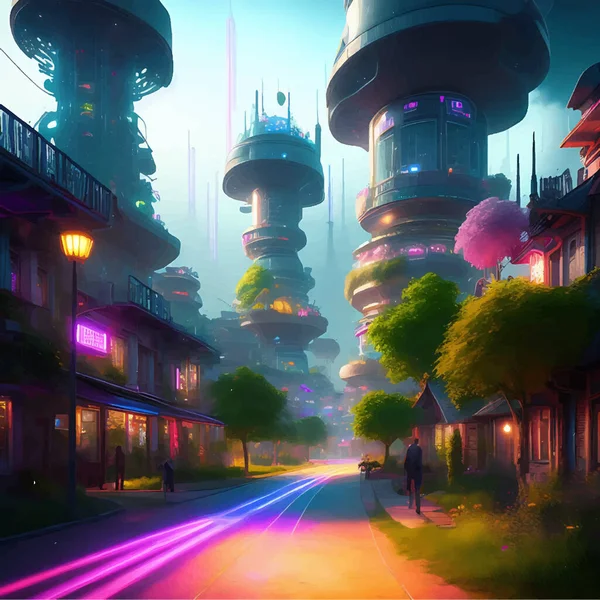 3D照片逼真Neon Lit Distant Future Village Illustration — 图库矢量图片