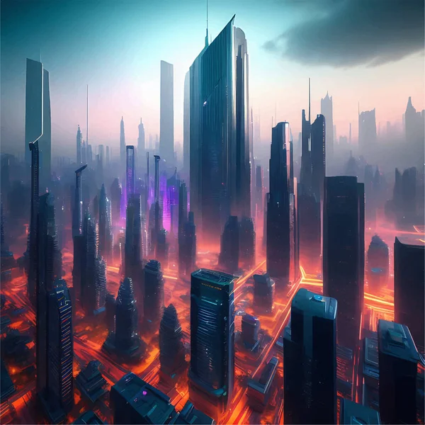 Futuristic Neon Lit Skyscrapers Ultra Realistis Illustration - Stok Vektor