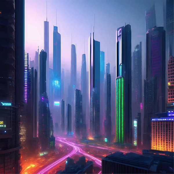 Futuristic Neon Lit Skyscrapers Photoreal Illustration — 스톡 벡터