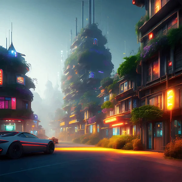 Future Town Photoreal Illustration Neon Lit Village Sports Car — 스톡 벡터