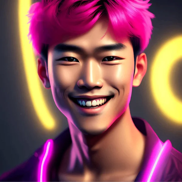 一个长着浓眉毛和霓虹灯背景的英俊亚洲男孩的3D超写实主义插图 — 图库矢量图片