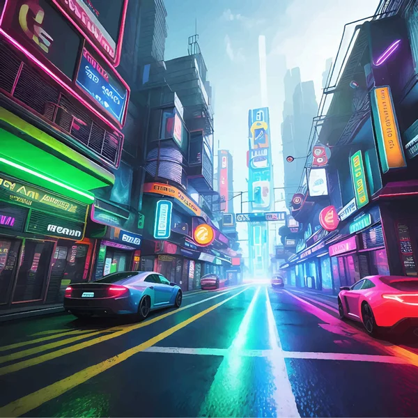 Surreal Photorealistic Neon Lit Futuristic Gaming Scene Sports Car Illustration — Stock Vector