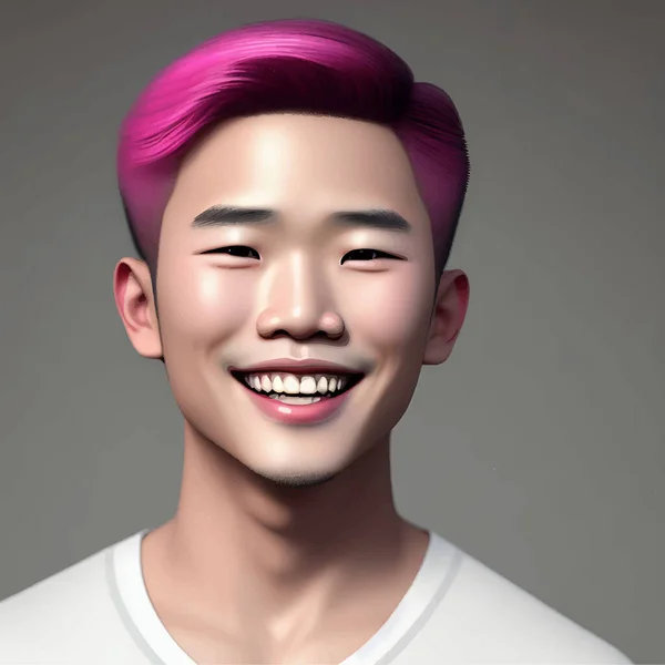 Schattig Knap Aziatisch Jongen Met Roze Haar Fotorealistisch Zelfportret Illustratie — Stockvector