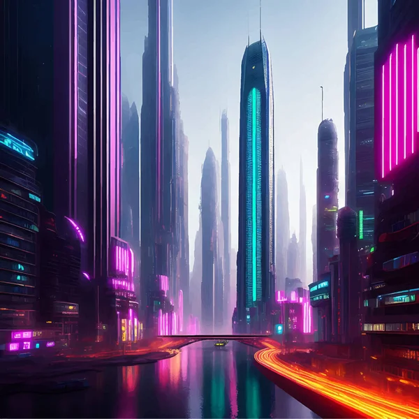 Renkli Neon Işıklandırmalı Fütürist Megapolis Ultra Gerçekçi Llüstrasyon — Stok Vektör