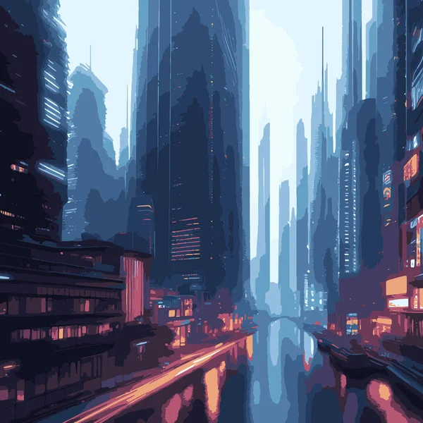 Distant Future Neon Lit Dystopian Town Photorealistic Illustration — Stock Vector