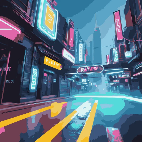 Futurista Neon Lit City Photorealistic Surreal Illustration —  Vetores de Stock