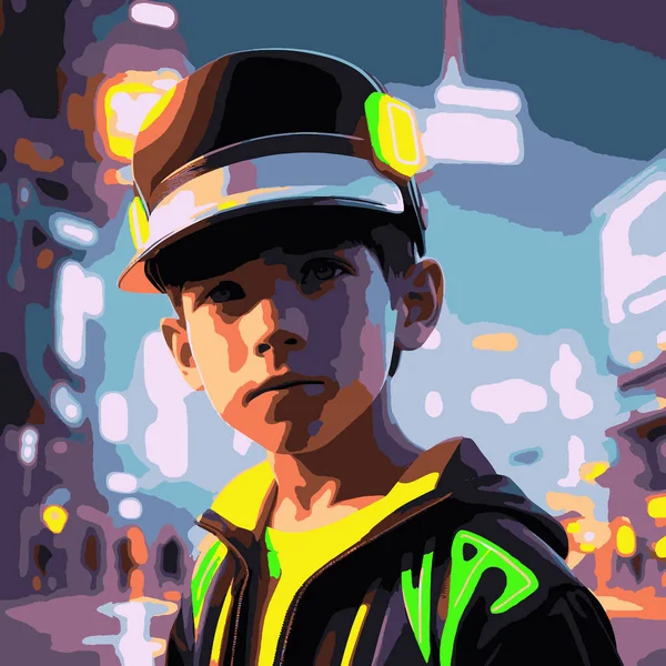 Futurystyczny Portret Chłopca Neonowym Stroju Tle Megapolis Ultra Realistyczna Ilustracja — Wektor stockowy