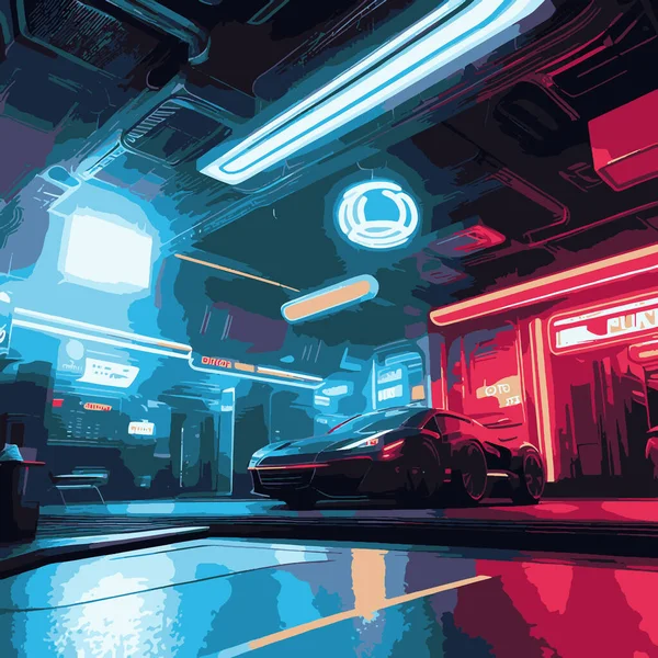 Futuristic Neon Lit Gaming Garage Scene Photorealistic Surreal Illustration — Stock Vector