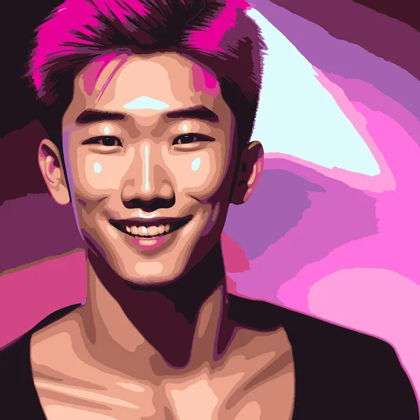 ピンクの髪とネオンライトの背景を持つハンサムなアジアの男3Dフォトリアリスティックなイラストの肖像画 — ストックベクタ