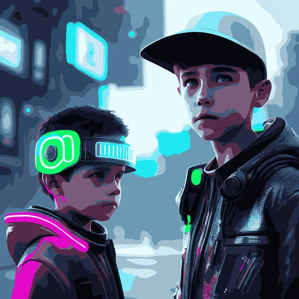 Futuristic Looking Boys Neon Lit Outfits Big City Background Photorealistic — Stock Vector