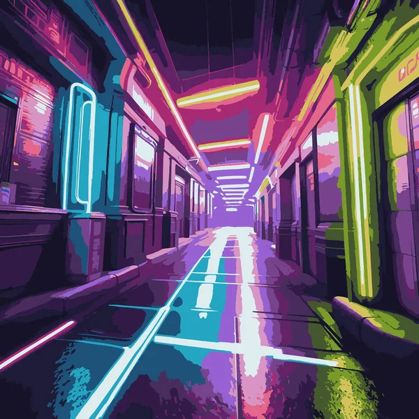 Fütürist Neon Işıklı Oyun Sahnesi Gerçeküstü Fotorealistik Llüstrasyon — Stok Vektör