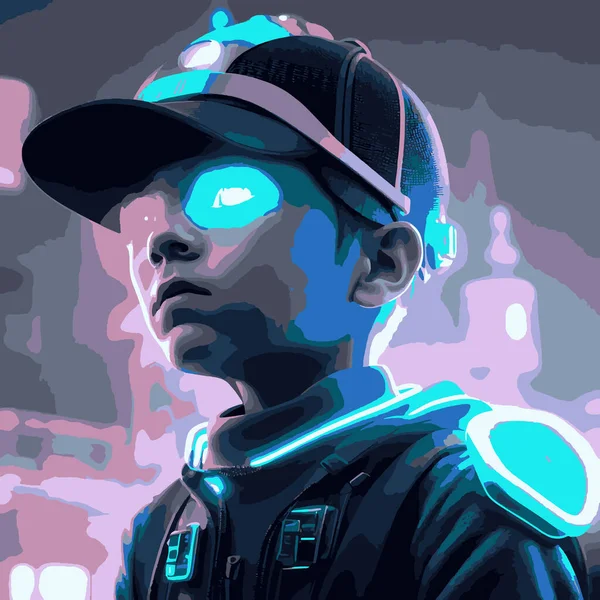Super Realista Neon Lit Boy Con Ilustración Fondo Megápolis — Vector de stock