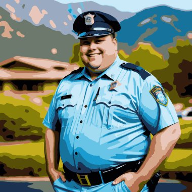 Obez Polis Memuru Mavi üniformalı Dağda Gülümseyen Arkaplan