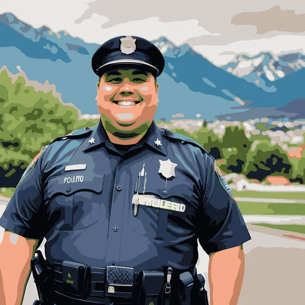 Niedliche Polizei Lächelt Auf Bergigem Hintergrund — Stockvektor