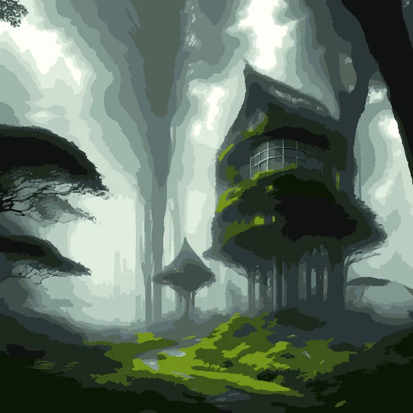 Мечтательный Зеленый Органический Дом Туманном Лесу — стоковый вектор