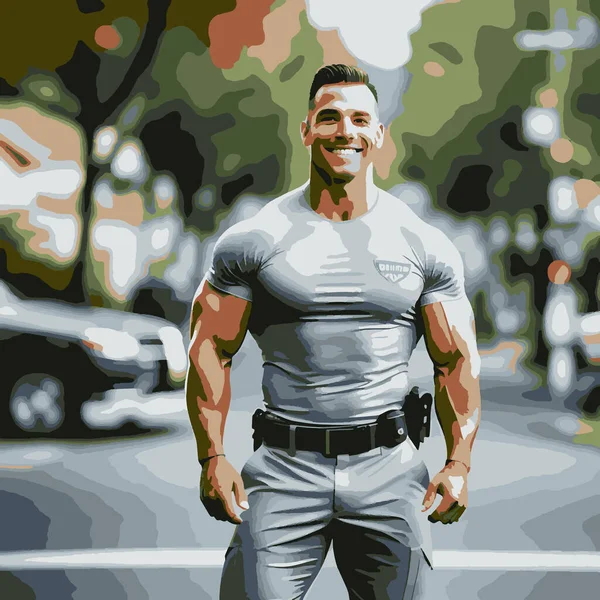 Bodybuilder Chaud Uniforme Gris Avec Fond Quartier Illustration Réaliste — Image vectorielle