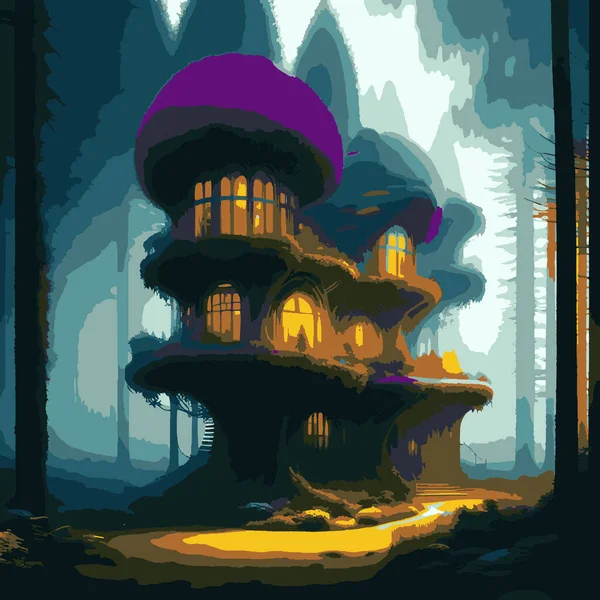 Rumah Organik Minimalis Hutan Misty Misterius - Stok Vektor