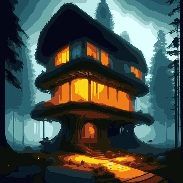 Современный Органический Дом Успокаивающими Огнями Туманном Лесу — стоковый вектор