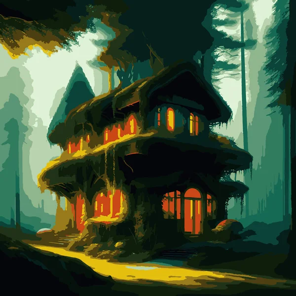 神秘迷雾森林中的现代有机住宅 — 图库矢量图片