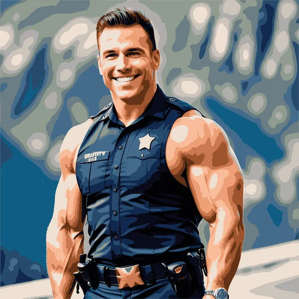 Officier Police Musculaire Avec Uniforme Sans Manches Fond Montagneux Illustration — Image vectorielle
