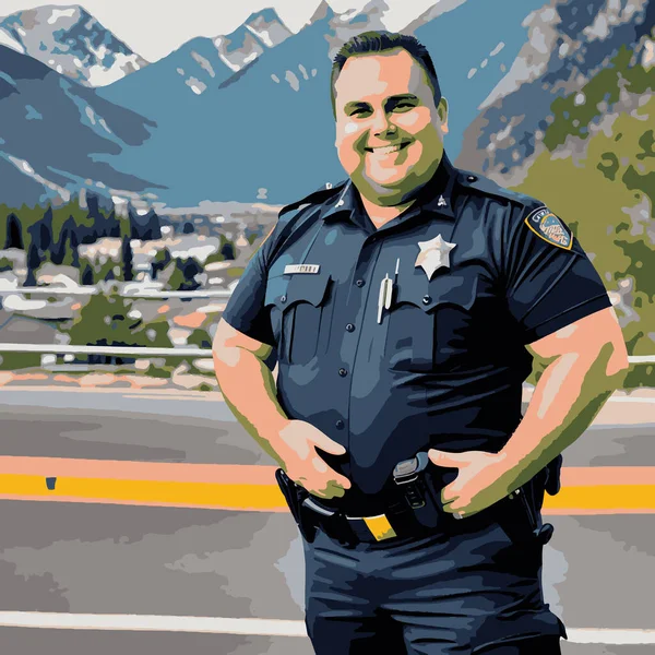 Officier Police Surpoids Avec Des Antécédents Montagneux — Image vectorielle