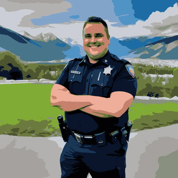 stock vector Police Officer with Black Uniform Posing and Smiling on Mountainous Background