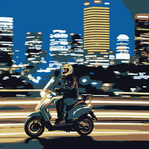 Motorista Scooter Realista Rua Bokeh Ilustração — Vetor de Stock