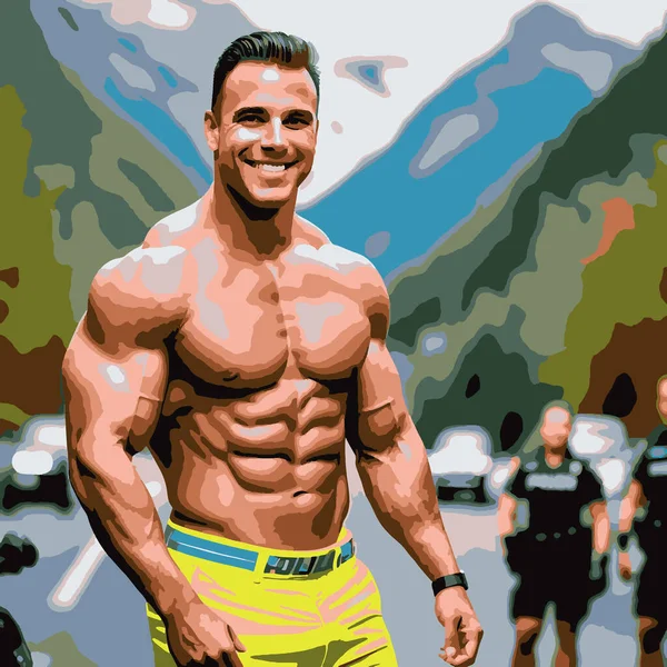 Bodybuilder Musculaire Sexy Avec Policiers Fond Montagneux Illustration Réaliste — Image vectorielle