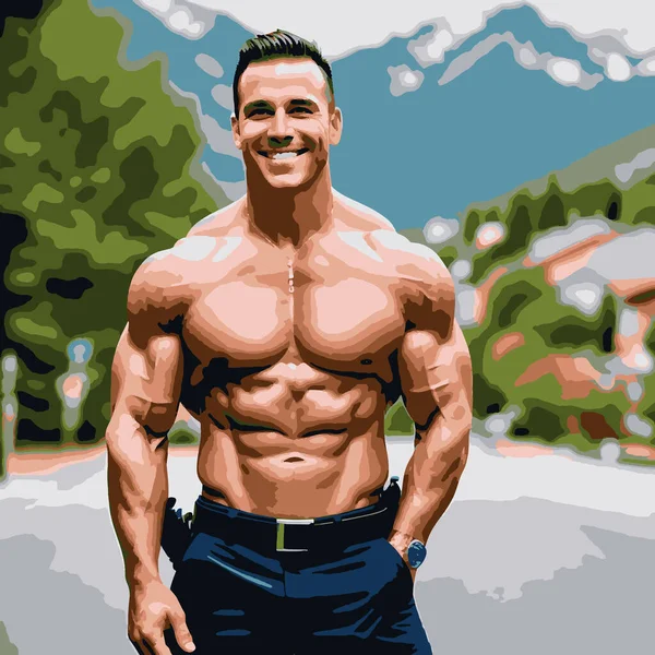 Shirtless Bodybuilder Mountainous Background Realistic Illustration — Stock Vector