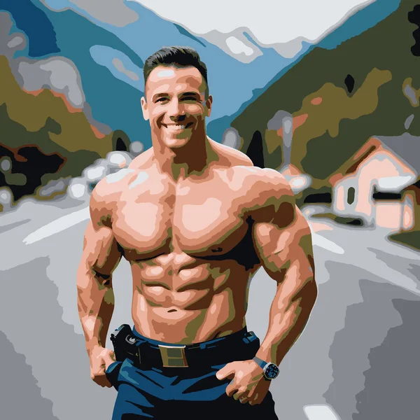Shirtless Police Officer Realistic Illustration Mountainous Background — Stock Vector