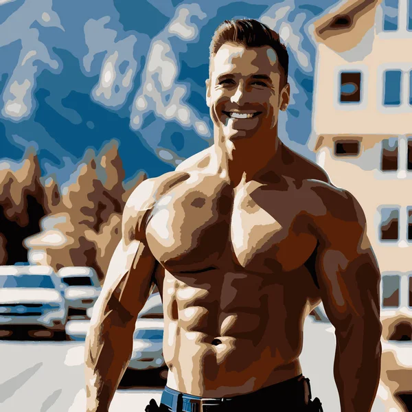 Shirtless Bodybuilder Snow Mountainous Background Realistic Illustration — Stock Vector