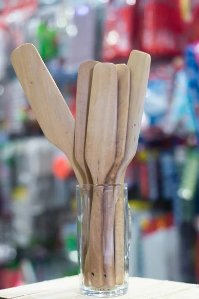 Spatula Made Wood Plugged Glass Handle Facing Which Many Things — Stock Photo, Image