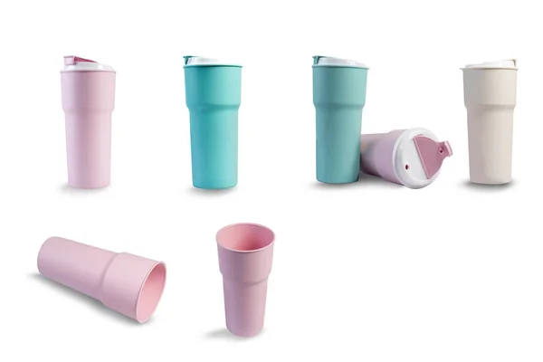 Багаторазові Пластикові Чашки Білому Тлі Відсічним Контуром — стокове фото