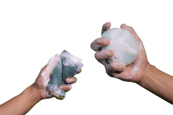 Mão Segurando Uma Esponja Espumante Fundo Branco Com Caminho Recorte — Fotografia de Stock
